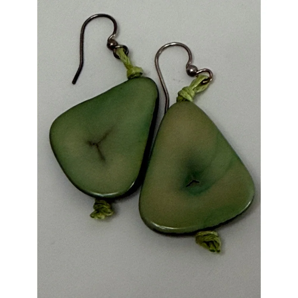 Artisan Tagua Nut Drop Earrings Sage Green Organic Vegetable Ivory Boho Dangle